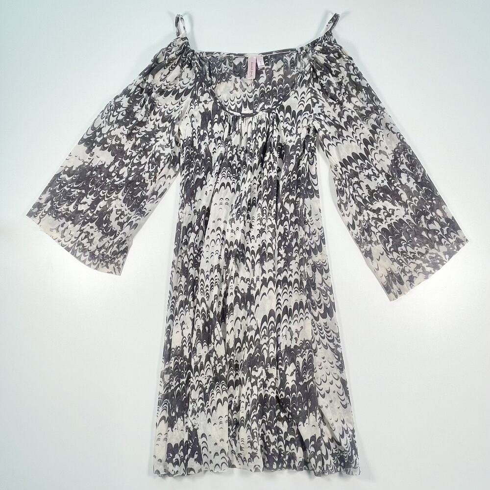 Sweet Pea Semi Sheer Lined Women Black Ivory Boho Open Shoulder Dress Small